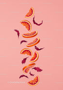 Floating Blood Orange Slices with Red Leaves on Pink