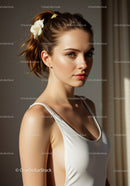 Young Woman with Short Brown Hair in Casual White Tank Top