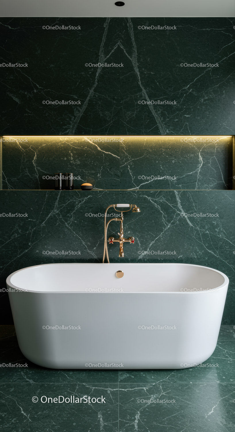 Elegant Green Marble Bathroom with Freestanding Bathtub and Gold Fixtures