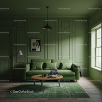 Bright Green Living Room with Sofa and Wooden Coffee Table