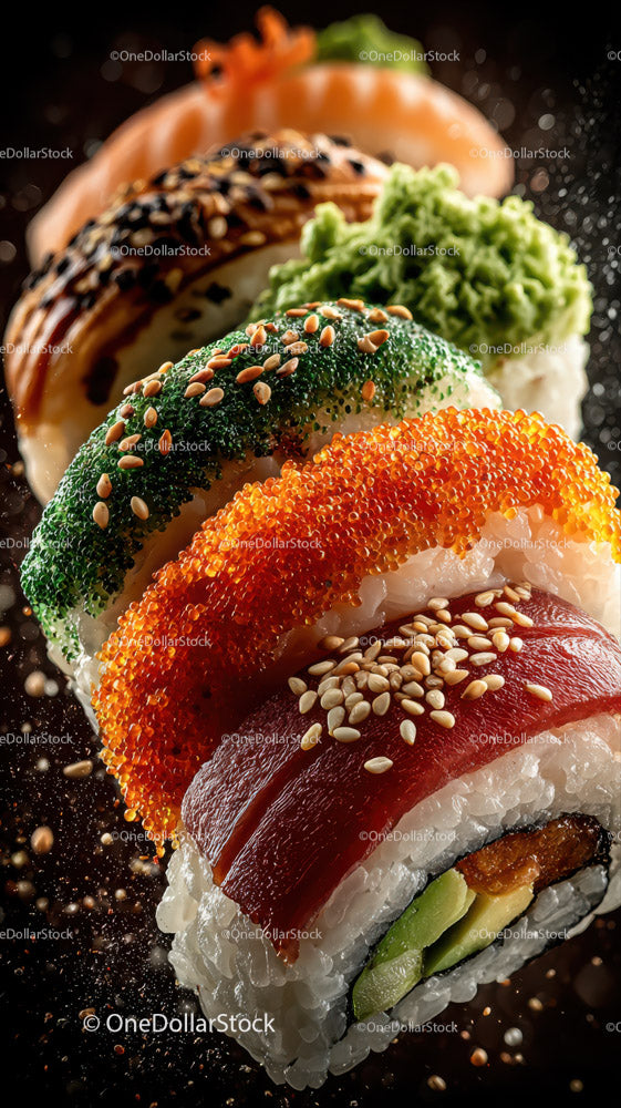 Colorful Sushi Rolls with Fish Roe and Vegetables