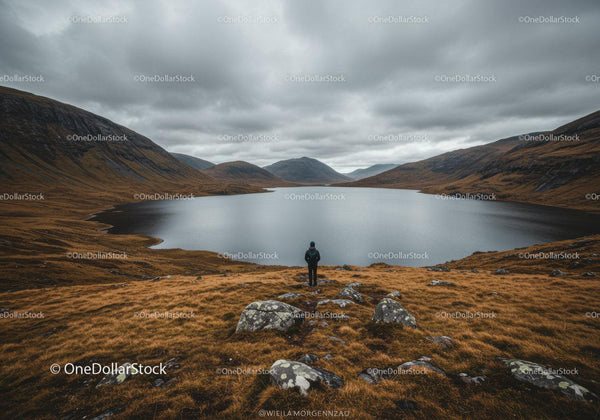 Misty Mountain Lake Scenic Landscape with Overcast Sky