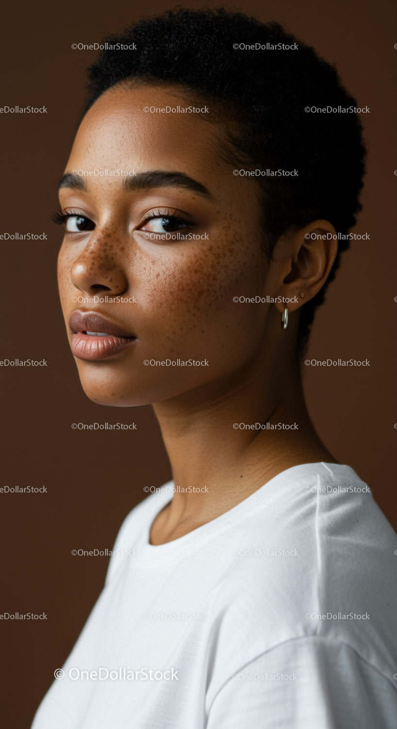 Portret młodej kobiety z piegowatą skórą i naturalnym pięknem