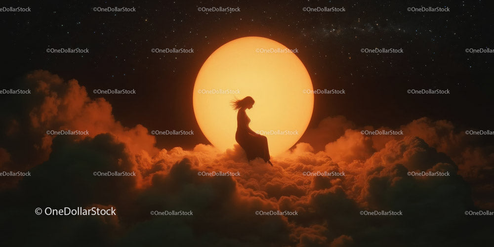 Silhouette of a Woman Sitting on Clouds with Large Orange Moon in Night Sky