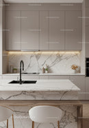 Elegant Modern Kitchen with Marble Surfaces and Neutral Tones