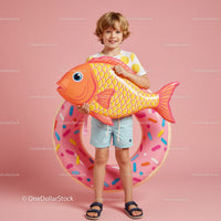 Smiling kid holding inflatable fish and donut float