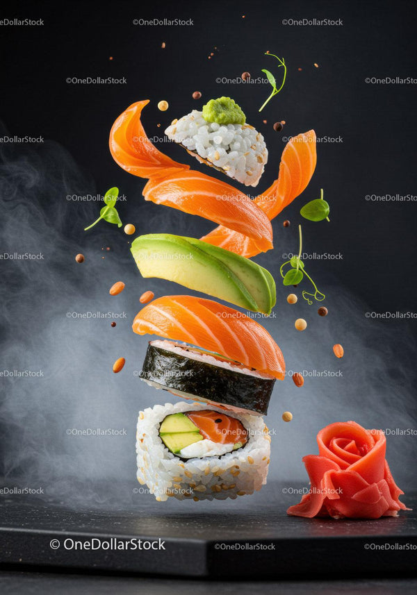 Creative Floating Sushi Roll with Fresh Ingredients
