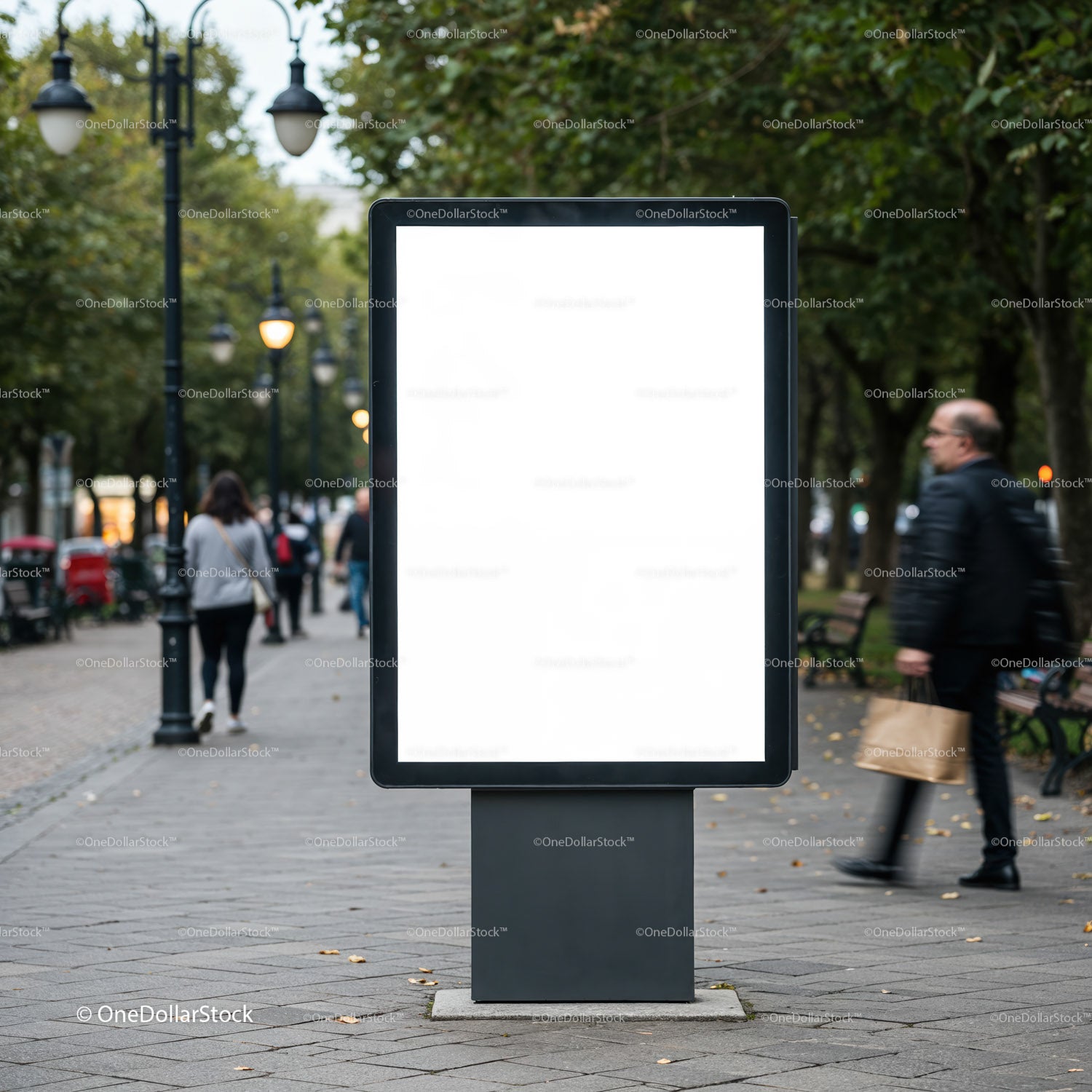 Blank urban billboard standing on city sidewalk with passersby