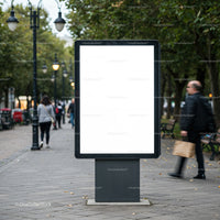 Blank urban billboard standing on city sidewalk with passersby