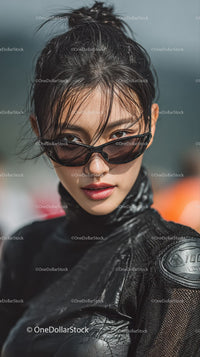 Confident Woman in Stylish Sunglasses and Leather Outfit