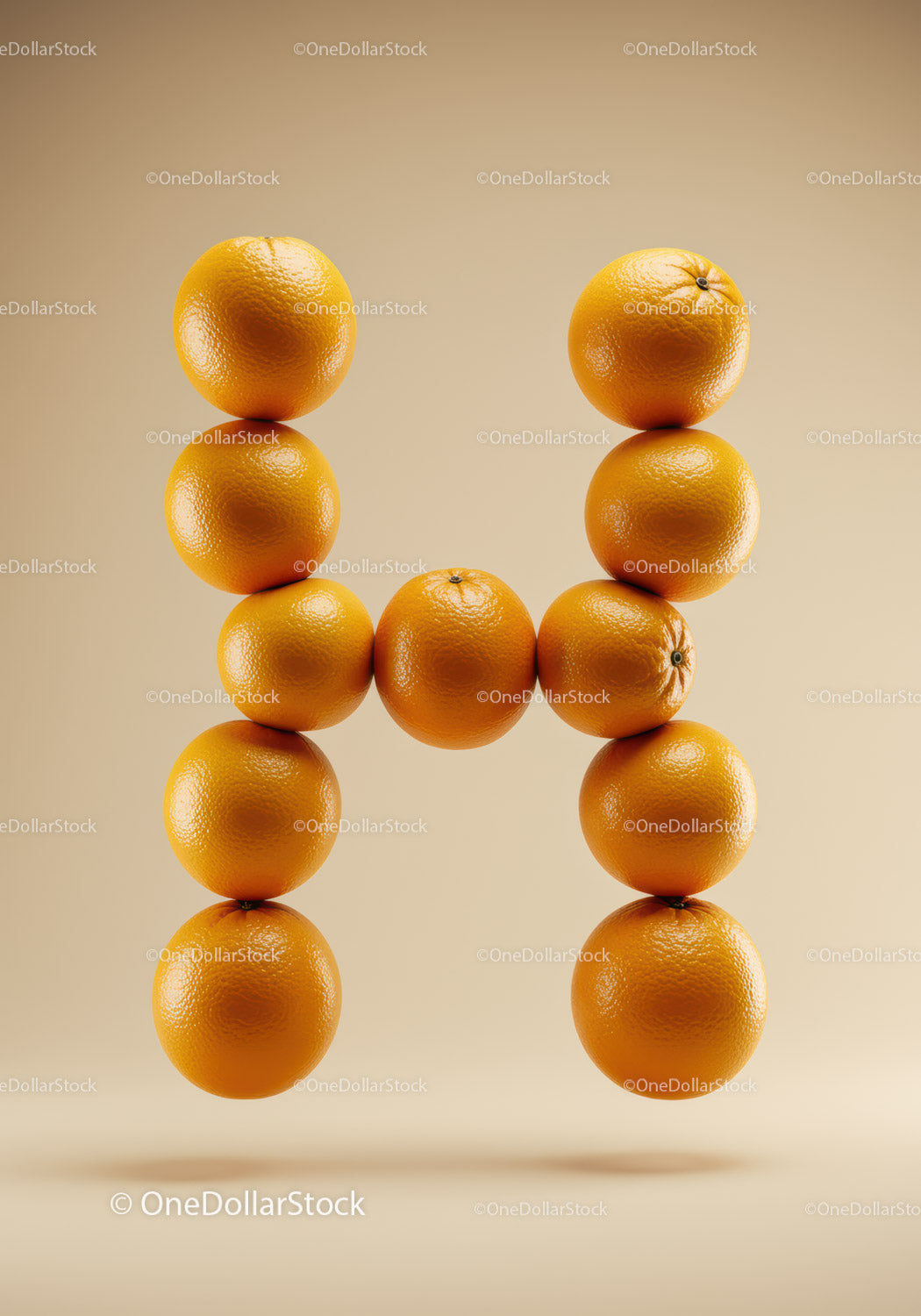 Letter H formed with fresh ripe oranges on beige background
