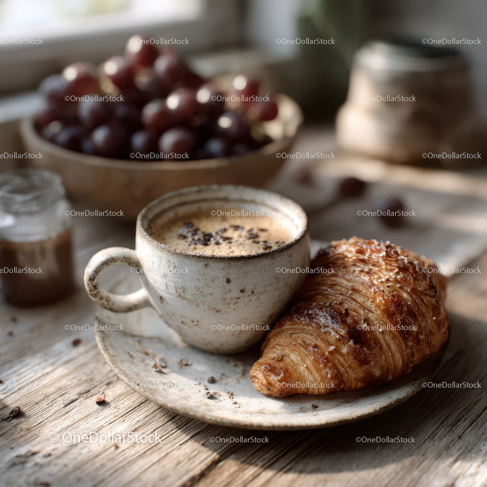 Rustic Breakfast with Croissants Coffee and Fresh Fruit