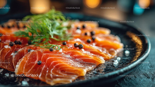 Fresh Smoked Salmon Slices with Green Herb and Pepper on Black Plate