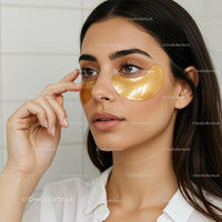Young Woman Wearing Gold Under-eye Patches for Skin Rejuvenation