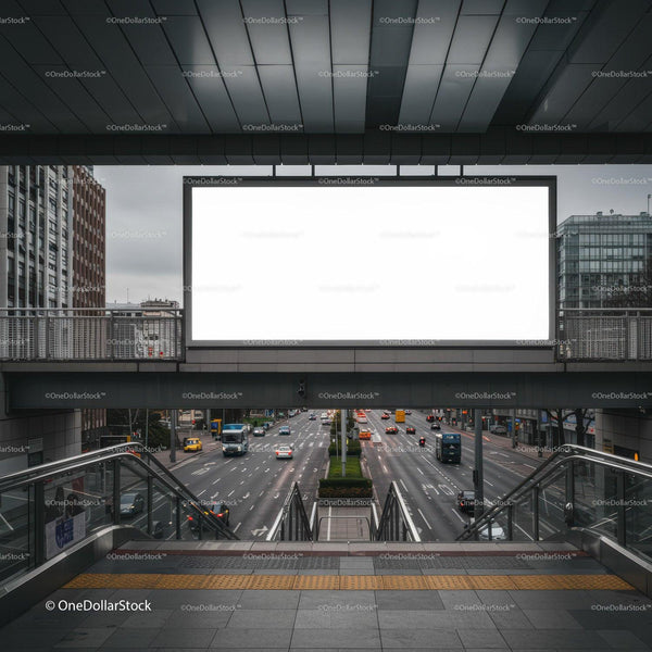 Urban street view from pedestrian overpass with blank billboard JPG Mockup Image
