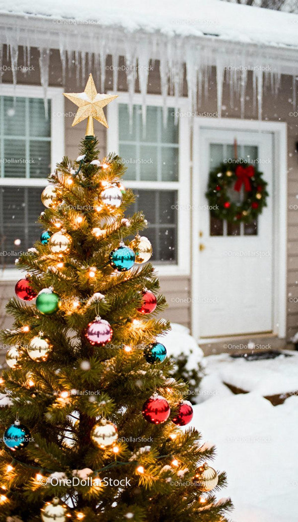 Decorated Outdoor Christmas Tree with Snowy Winter Background