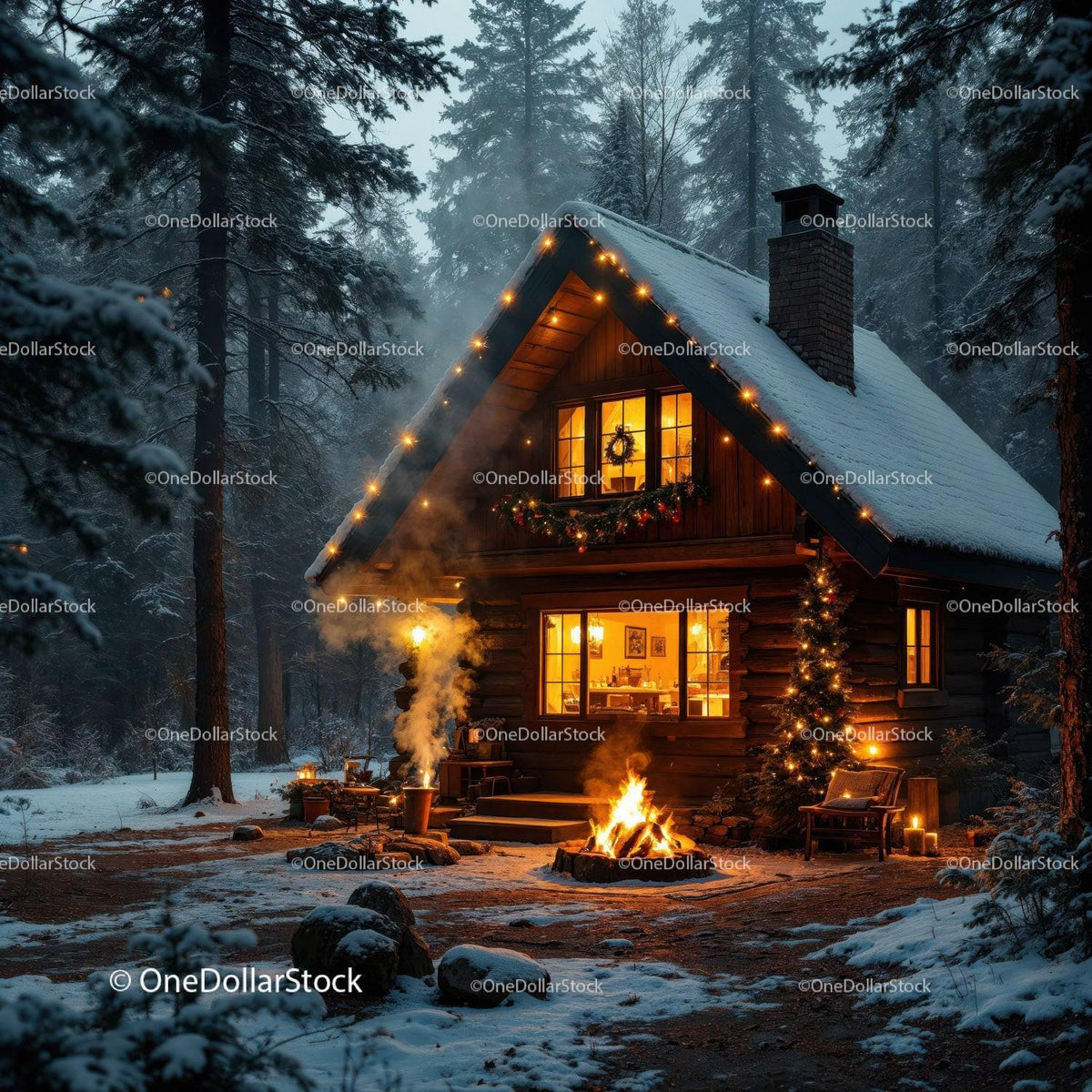 Cozy Wooden Cabin with Outdoor Fire in Snowy Forest