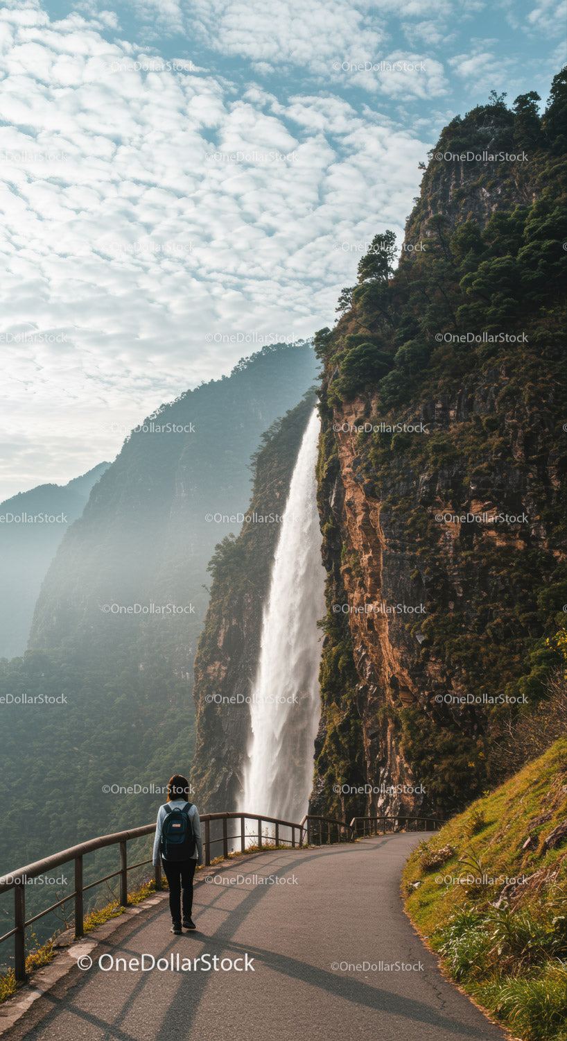 Scenic Mountain Waterfall with Hiking Trail and Lush Greenery