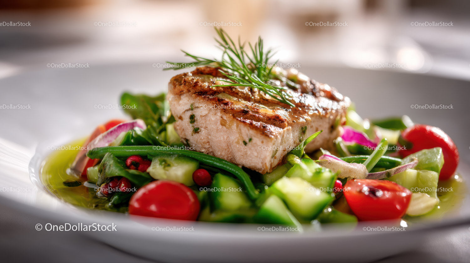 Ryba z grilla gourmet z sałatką ze świeżych warzyw i ziół
