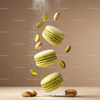 Green pistachio macarons with powdered sugar and nuts