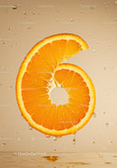 Fresh orange slice shaped like number six with droplets