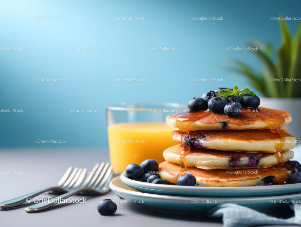 Stack of Blueberry Pancakes with Fresh Blueberries and Mint on a Plate