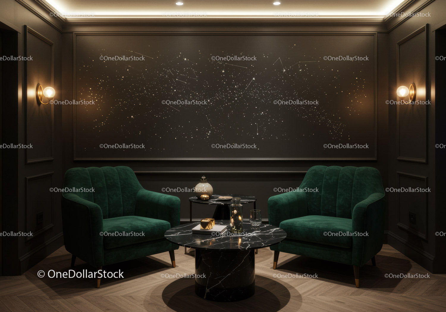 Cozy modern lounge with dark green velvet chairs