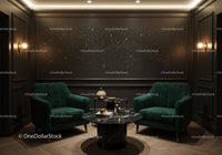 Cozy modern lounge with dark green velvet chairs
