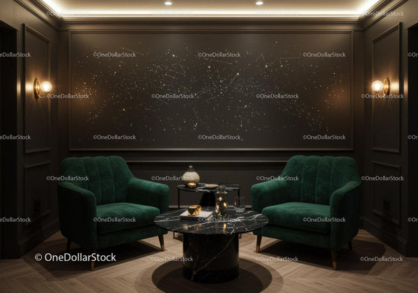 Cozy modern lounge with dark green velvet chairs