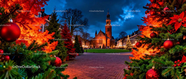 Festive Christmas Trees Framing Historic City Square at Dusk