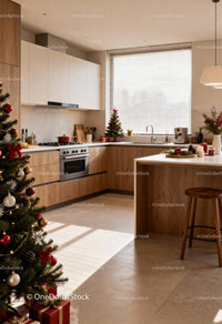 Modern kitchen with festive Christmas decorations