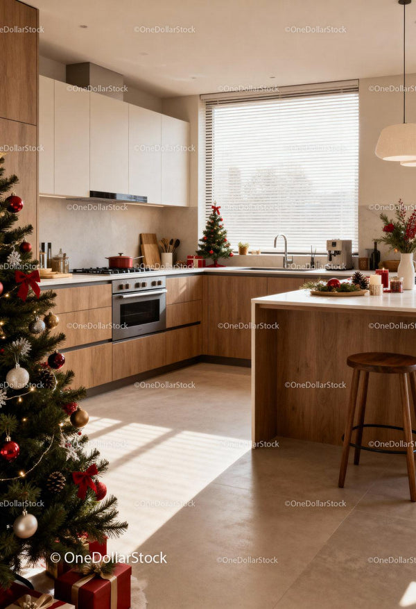 Modern kitchen with festive Christmas decorations