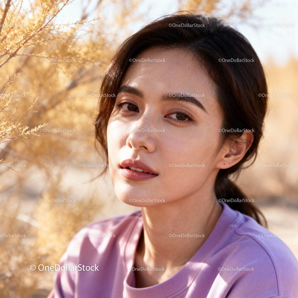 Young woman in soft light among golden dry plants