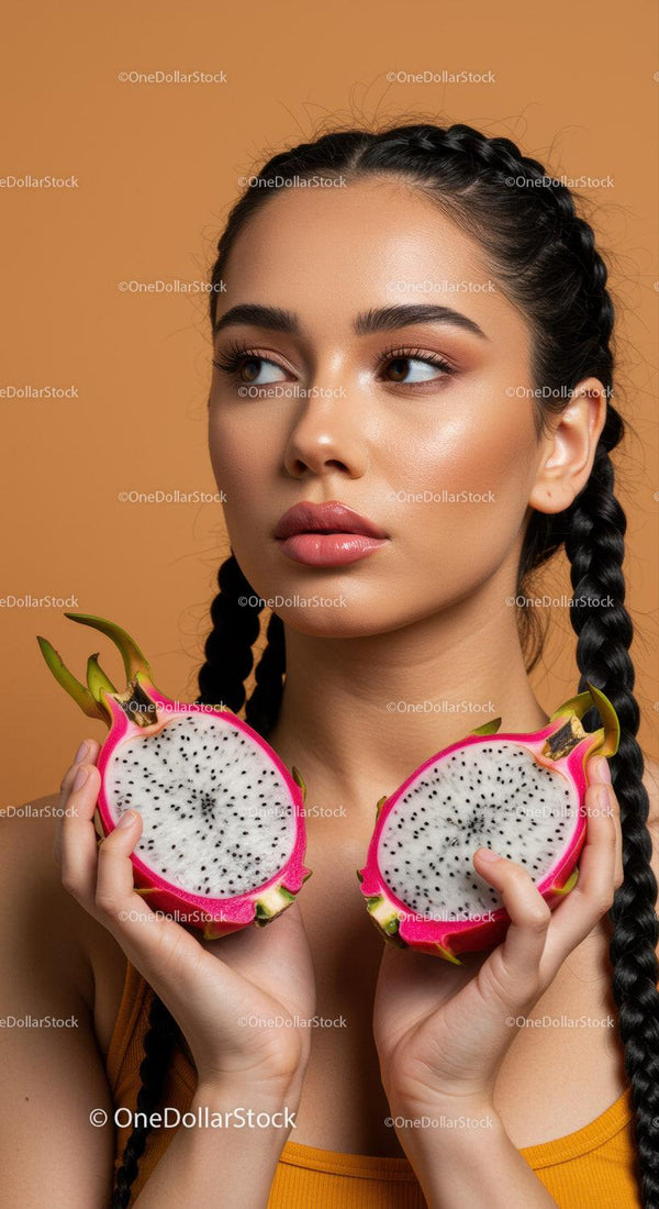 Beautiful Young Woman with Braided Hair Holding Dragon Fruit