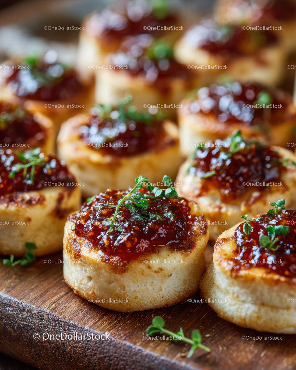Mini Bruschettas with Tomato Jam and Fresh Thyme for Appetizers