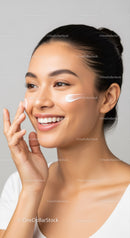 Young Woman Applying Skincare Cream with Facial Glow and Clear Skin