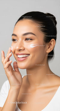 Young Woman Applying Skincare Cream with Facial Glow and Clear Skin
