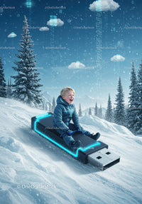 Child sledding on glowing USB stick in snowy forest