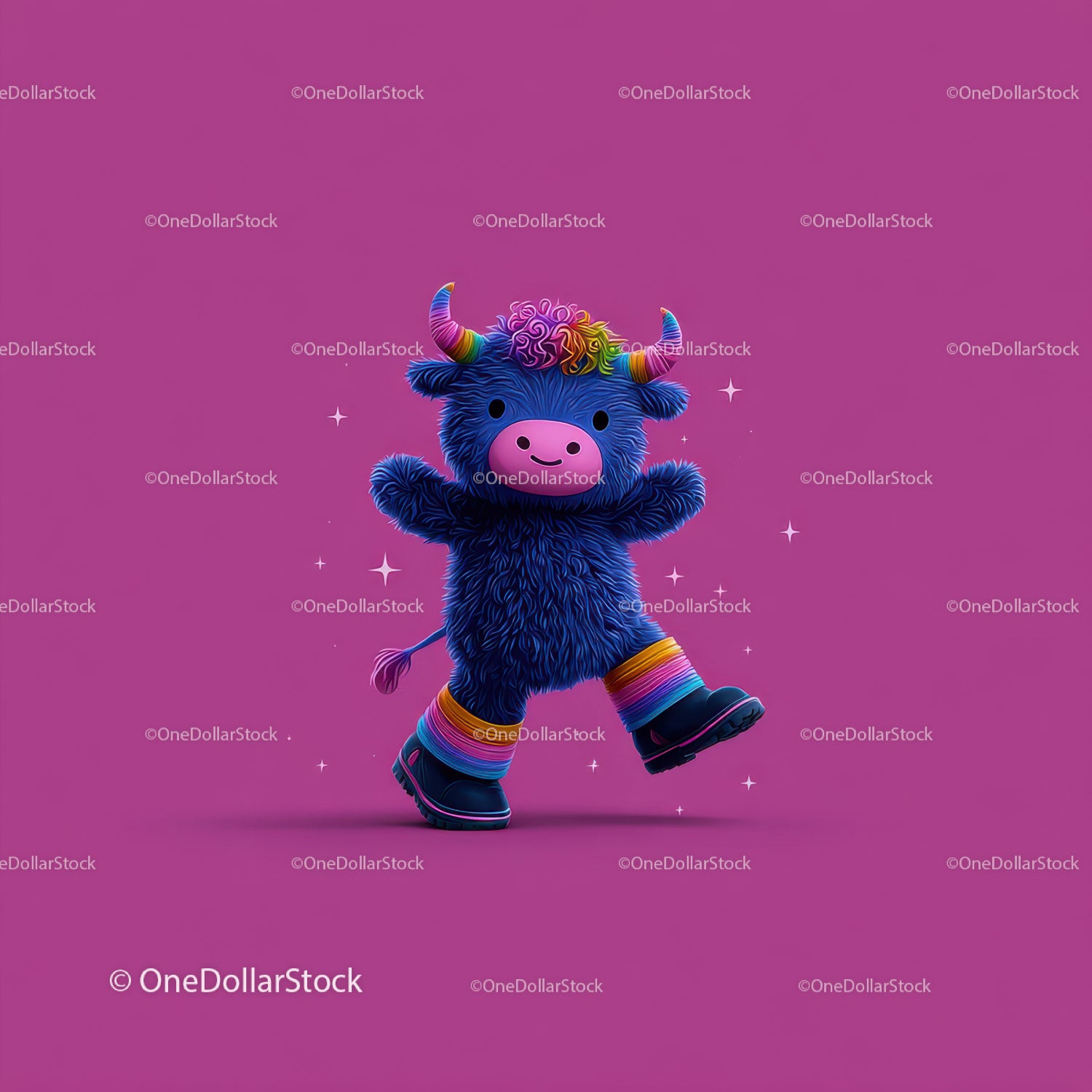 Colorful Furry Mascot with Rainbow Horns Wearing Boots and Smiling