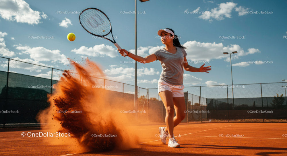 Young Female Athlete Playing Tennis on Clay Court During Daylight