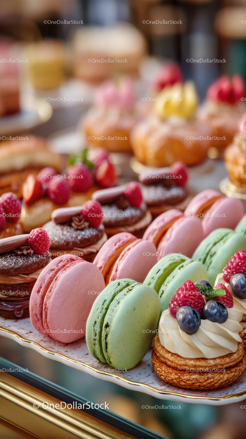 Kolorowe, różnorodne makaroniki i ciastka kremowe na eleganckim talerzu
