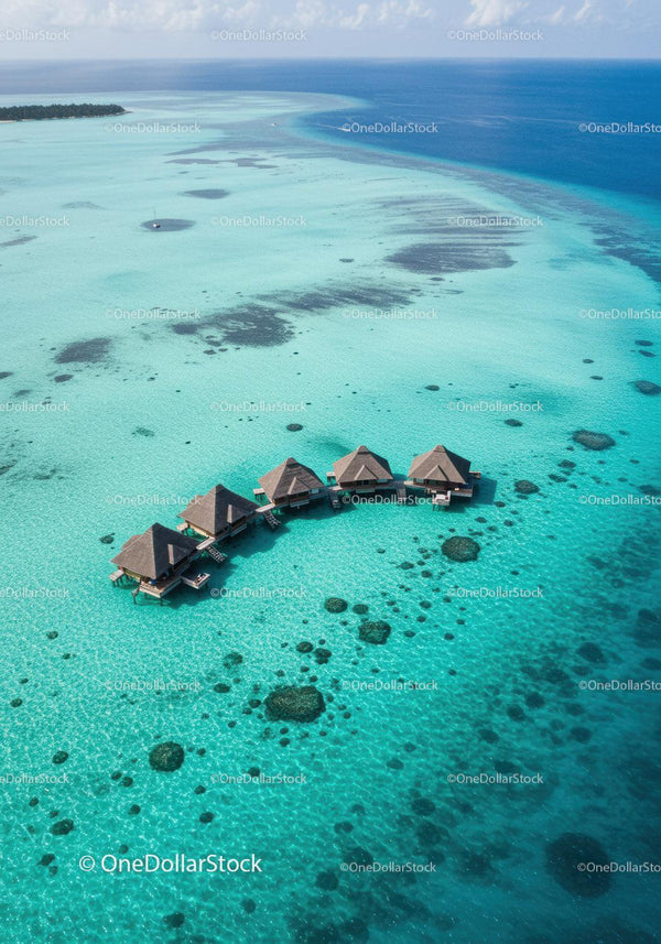 Overwater Bungalows in Turquoise Ocean with Sandbar and Coral Reef