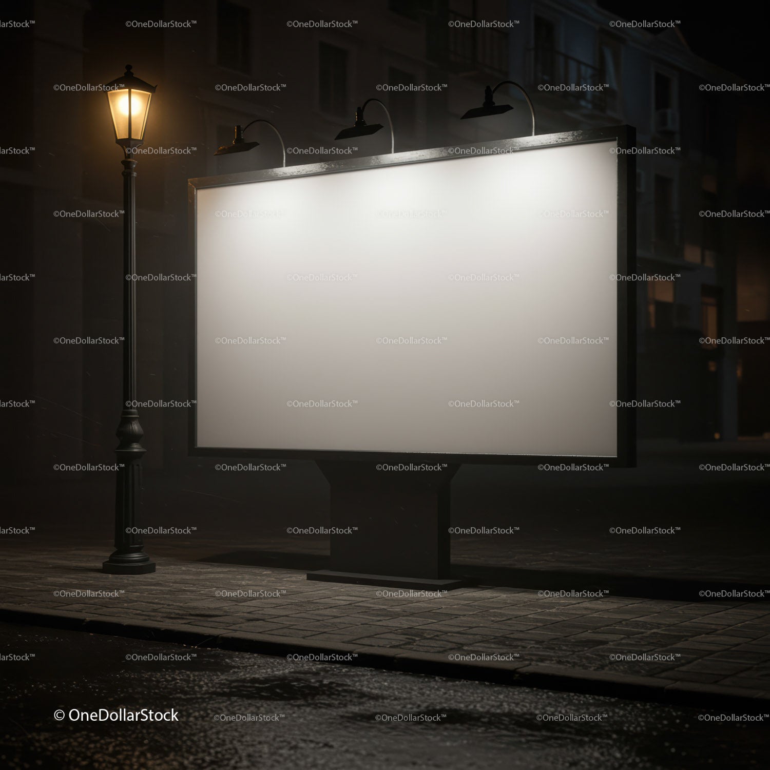 Empty illuminated billboard on dark rainy city street