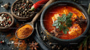 Spicy Asian Beef Stew with Rice and Fresh Herbs in a Black Stone Bowl