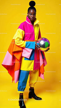 Vibrant Colorful Streetwear Fashion with Disco Ball and Confident Pose