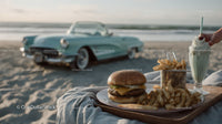 Vintage Classic Car on Seaside Beach with Lunch and Milkshake