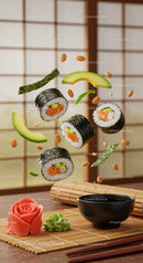 Creative sushi rolls with avocado and soy sauce setup
