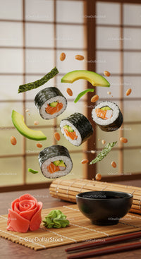 Creative sushi rolls with avocado and soy sauce setup