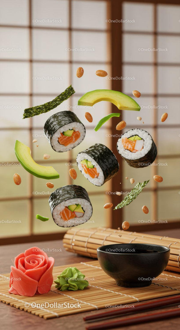 Creative sushi rolls with avocado and soy sauce setup