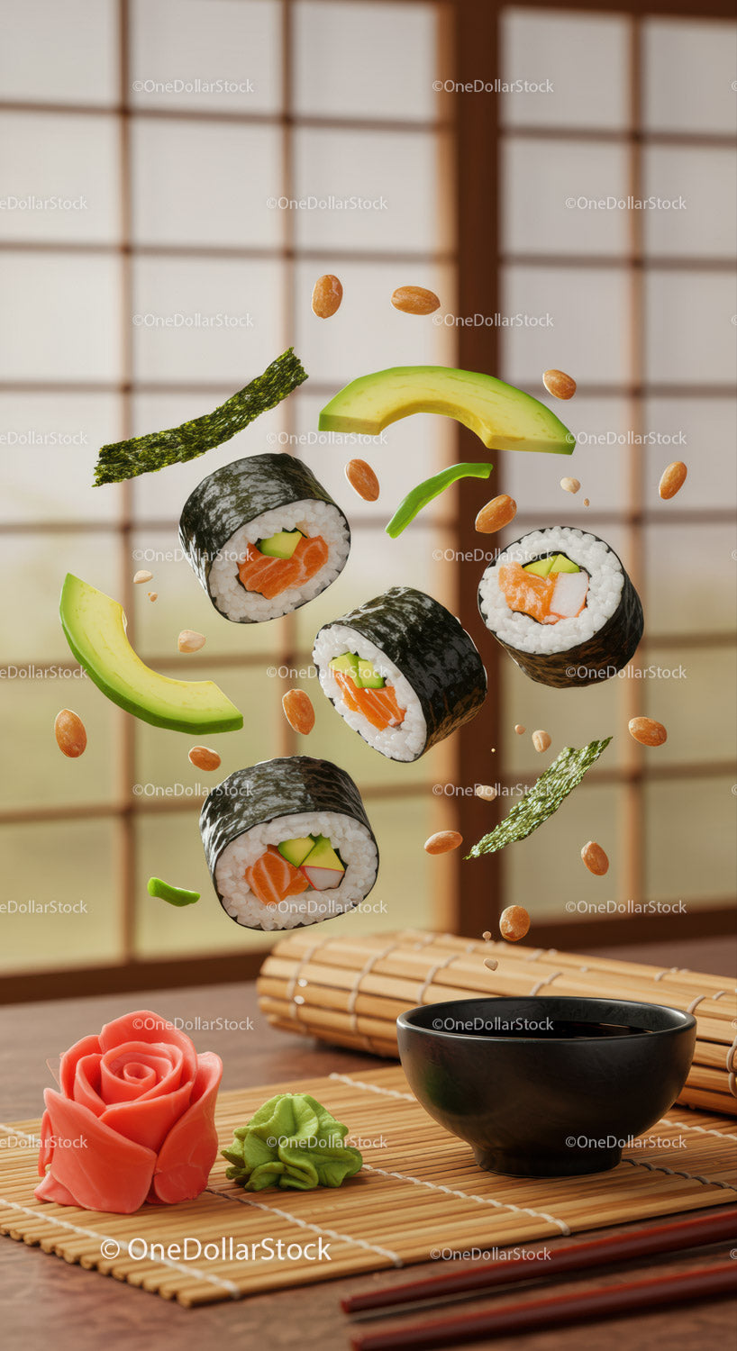 Kreatywne rolki sushi z awokado i sosem sojowym